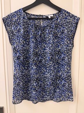 Reiss Blue and White Patterned Cap-Sleeve Blouse